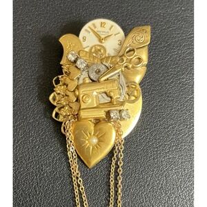 Artisan Sewing Heart Brooch Dangle Gold Tone Rhinestone Steampunk JJ 01 Vintage